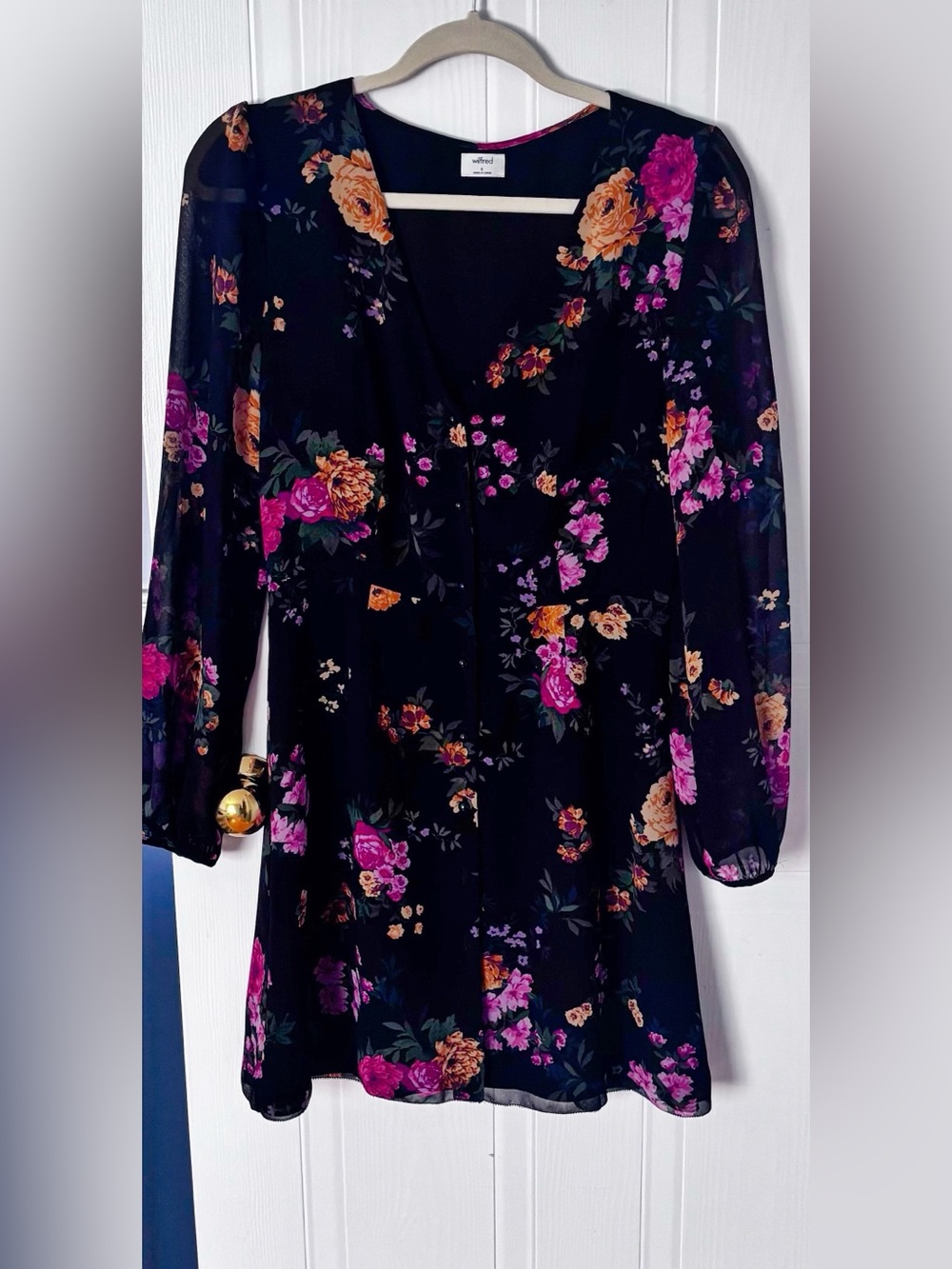 Aritzia Black Long-Sleeve Floral Dress with Pink & Gold Blooms